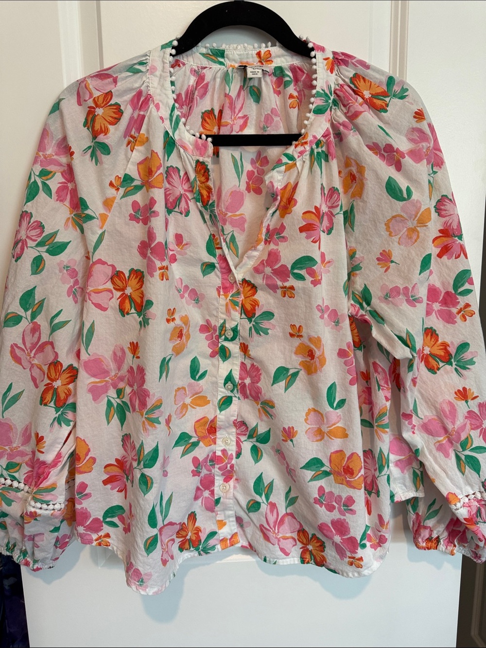 J. Crew White Blouse with Pink & Orange Floral Print